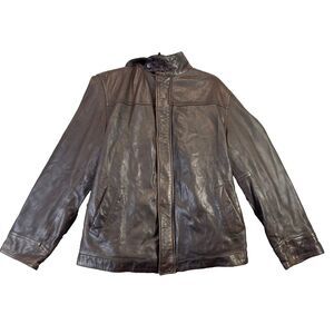 Whet Blu Leather Jacket Men's Large Brown Full Zip Snap Buttons Biker Moto Retro